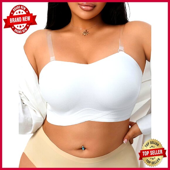 Wireless Seamless Strapless Bandeau Bra with Removable Pads Clear Straps